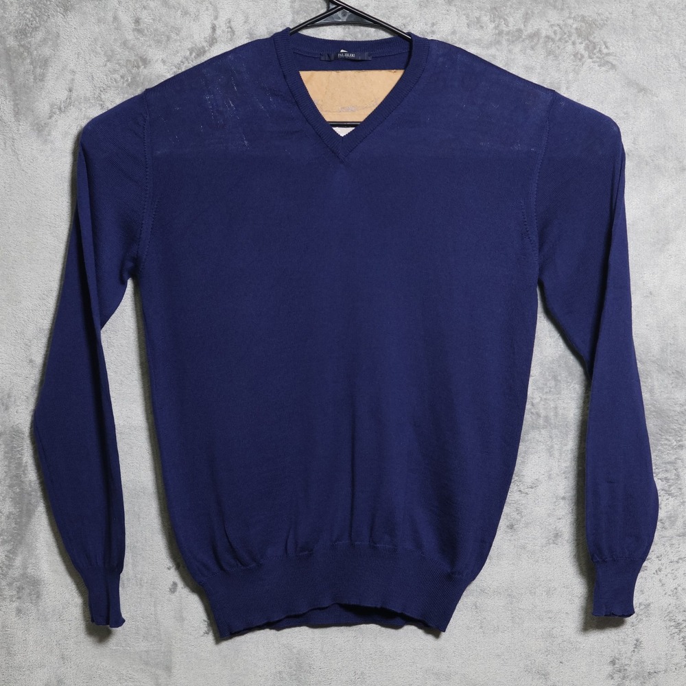 Pal Zileri Sweater Mens 50 Large Blue V Neck Pure Wool Tight-Knit Made In Italy